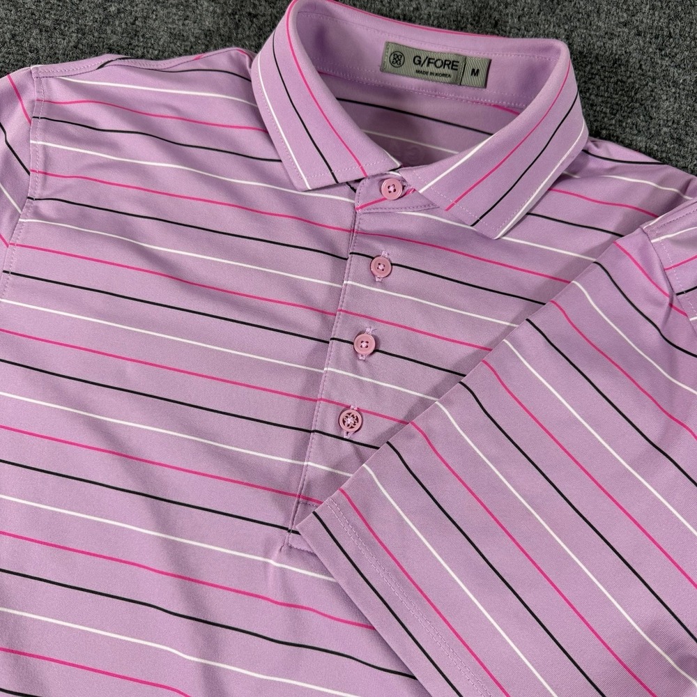 G/FORE Polo Shirt M Mens Purple Striped Short Sleeve Performance Golf Polo